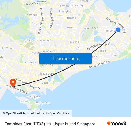 Tampines East (DT33) to Hyper Island Singapore map