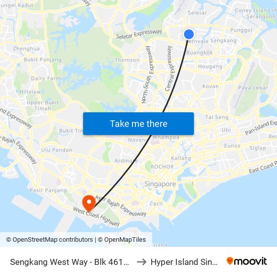 Sengkang West Way - Blk 461b (67999) to Hyper Island Singapore map