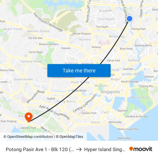 Potong Pasir Ave 1 - Blk 120 (61101) to Hyper Island Singapore map