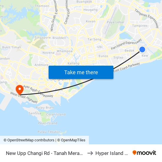 New Upp Changi Rd - Tanah Merah Stn Exit A (85099) to Hyper Island Singapore map