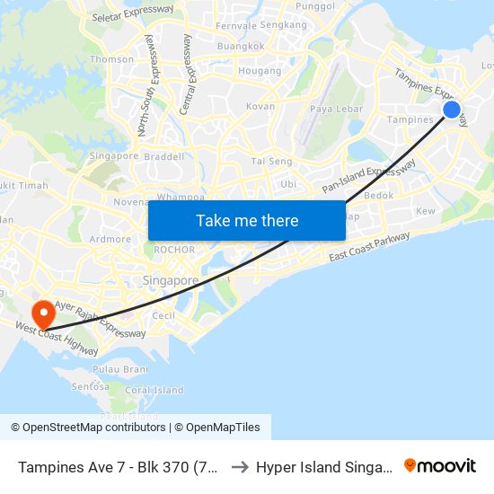 Tampines Ave 7 - Blk 370 (76249) to Hyper Island Singapore map