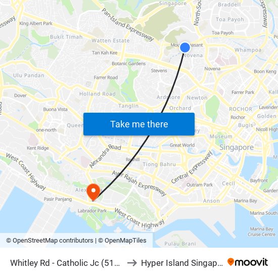 Whitley Rd - Catholic Jc (51099) to Hyper Island Singapore map