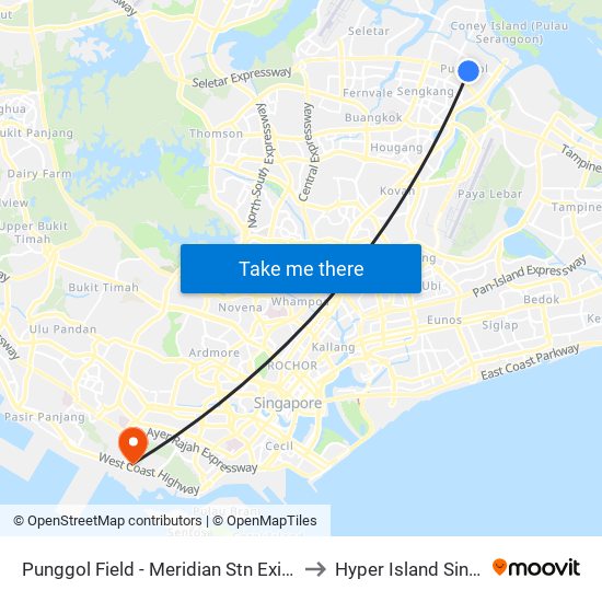 Punggol Field - Meridian Stn Exit B (65161) to Hyper Island Singapore map