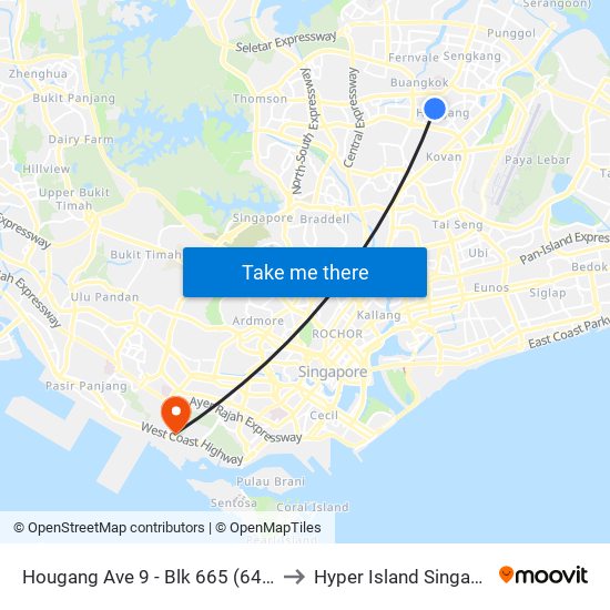 Hougang Ave 9 - Blk 665 (64479) to Hyper Island Singapore map