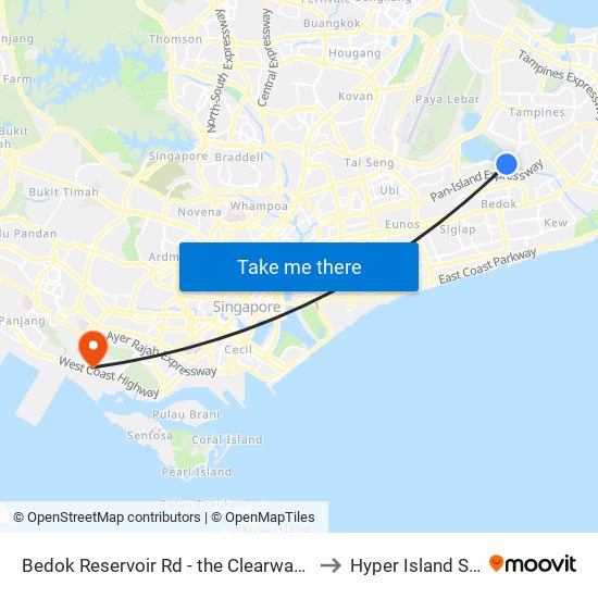 Bedok Reservoir Rd - the Clearwater Condo (75349) to Hyper Island Singapore map