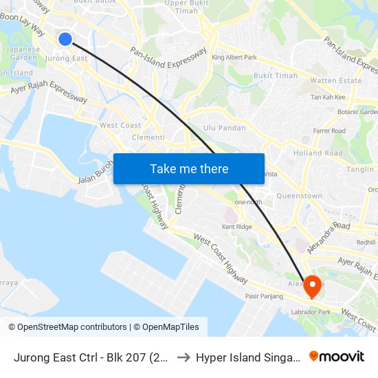 Jurong East Ctrl - Blk 207 (28319) to Hyper Island Singapore map