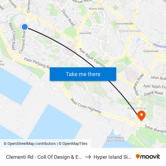 Clementi Rd - Coll Of Design & Engrg (16159) to Hyper Island Singapore map