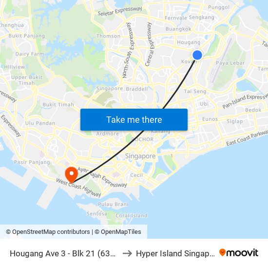 Hougang Ave 3 - Blk 21 (63241) to Hyper Island Singapore map