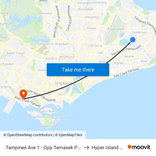 Tampines Ave 1 - Opp Temasek Poly East G (75221) to Hyper Island Singapore map