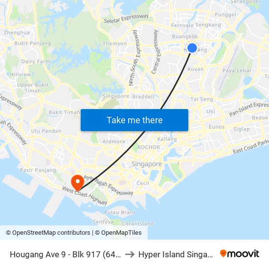 Hougang Ave 9 - Blk 917 (64471) to Hyper Island Singapore map
