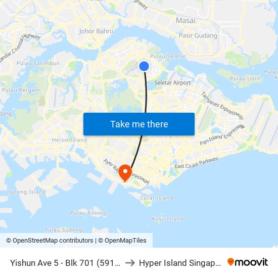 Yishun Ave 5 - Blk 701 (59111) to Hyper Island Singapore map