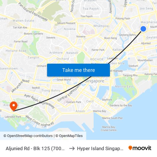 Aljunied Rd - Blk 125 (70019) to Hyper Island Singapore map