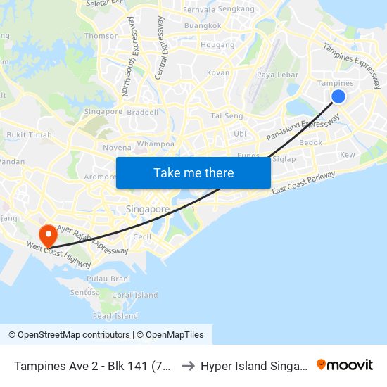 Tampines Ave 2 - Blk 141 (76071) to Hyper Island Singapore map