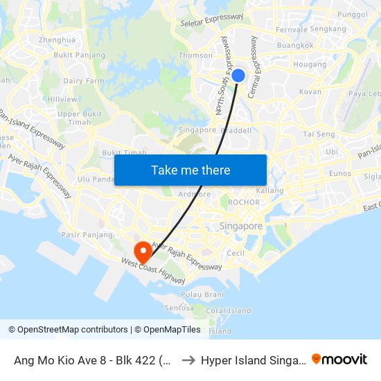 Ang Mo Kio Ave 8 - Blk 422 (54339) to Hyper Island Singapore map
