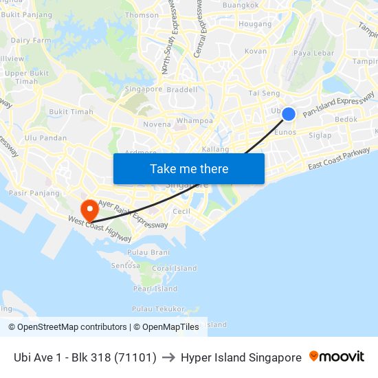 Ubi Ave 1 - Blk 318 (71101) to Hyper Island Singapore map