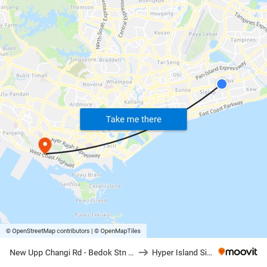 New Upp Changi Rd - Bedok Stn Exit A (84039) to Hyper Island Singapore map