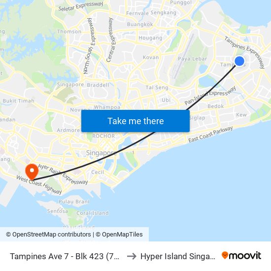 Tampines Ave 7 - Blk 423 (76201) to Hyper Island Singapore map