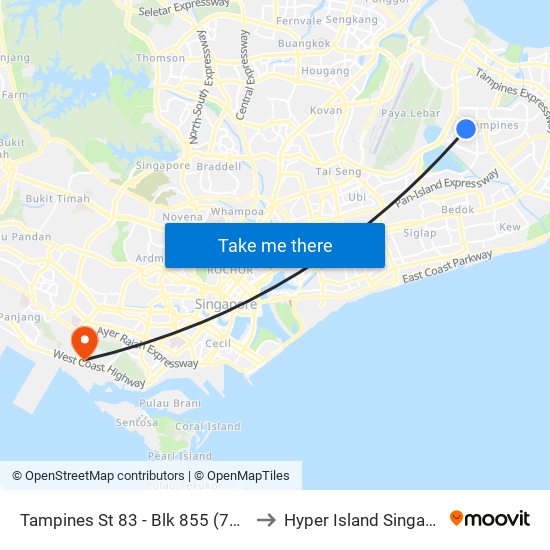 Tampines St 83 - Blk 855 (75161) to Hyper Island Singapore map