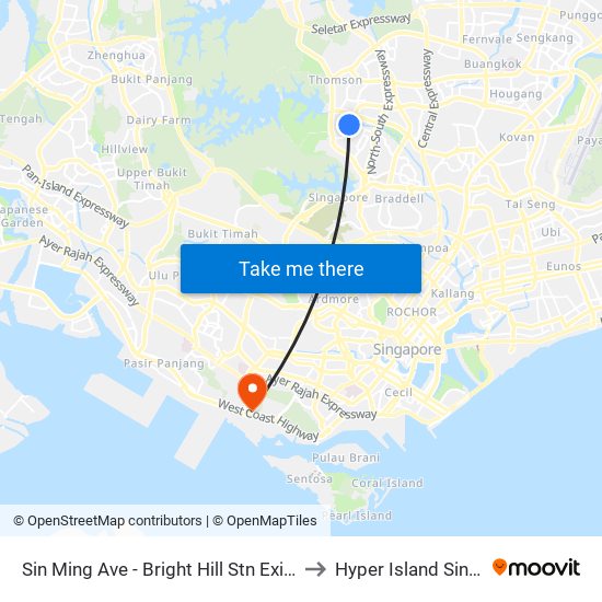 Sin Ming Ave - Bright Hill Stn Exit 2 (53341) to Hyper Island Singapore map