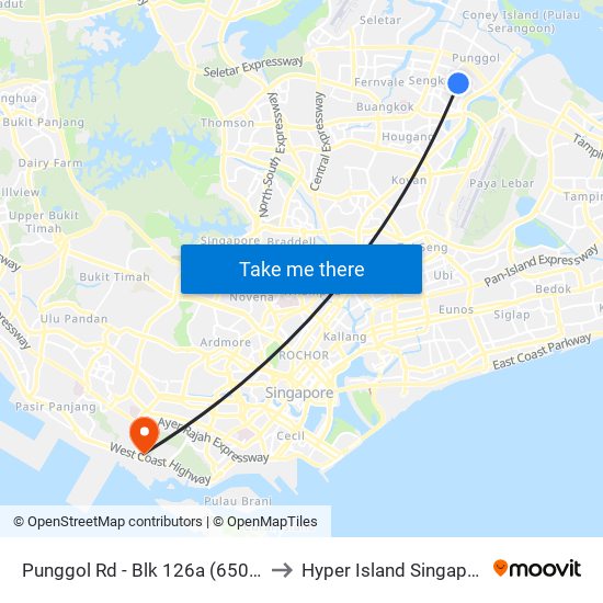 Punggol Rd - Blk 126a (65049) to Hyper Island Singapore map