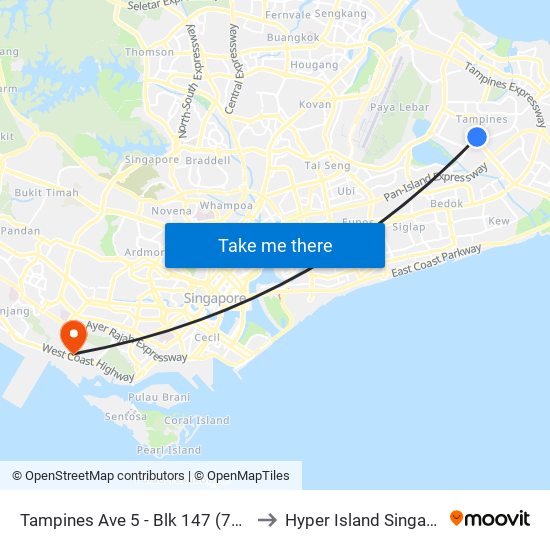 Tampines Ave 5 - Blk 147 (76069) to Hyper Island Singapore map