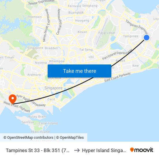 Tampines St 33 - Blk 351 (76439) to Hyper Island Singapore map
