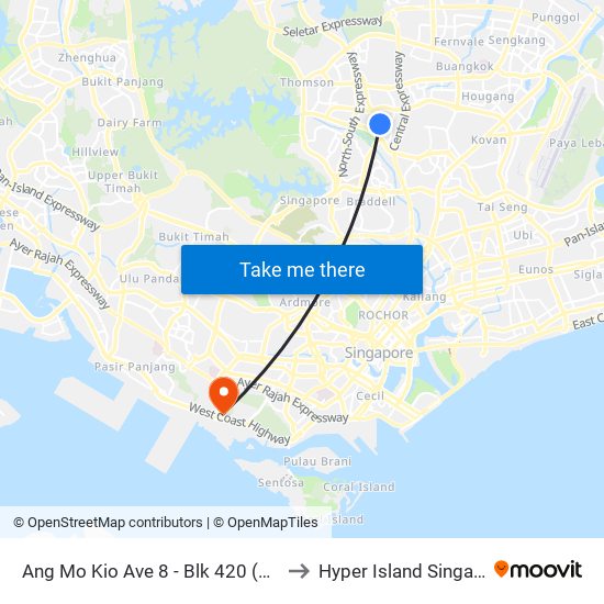 Ang Mo Kio Ave 8 - Blk 420 (54329) to Hyper Island Singapore map