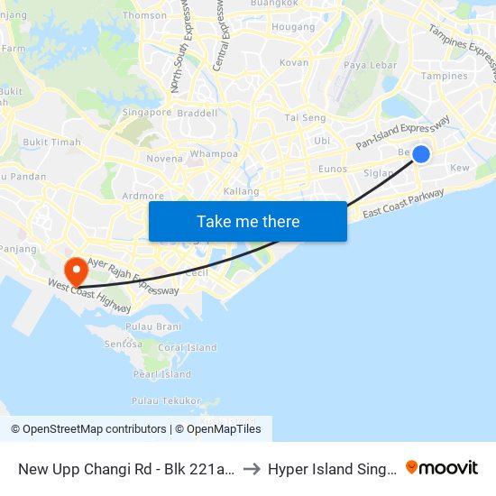 New Upp Changi Rd - Blk 221a (84041) to Hyper Island Singapore map