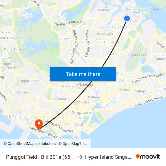 Punggol Field - Blk 201a (65209) to Hyper Island Singapore map