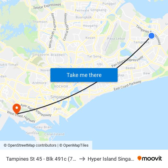 Tampines St 45 - Blk 491c (76279) to Hyper Island Singapore map