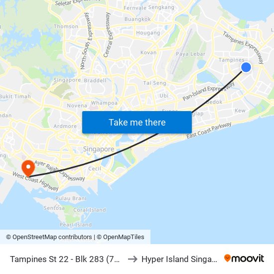 Tampines St 22 - Blk 283 (76301) to Hyper Island Singapore map