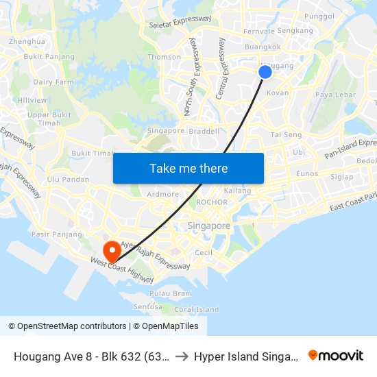 Hougang Ave 8 - Blk 632 (63399) to Hyper Island Singapore map