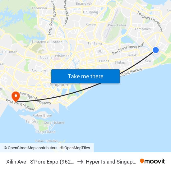 Xilin Ave - S'Pore Expo (96229) to Hyper Island Singapore map