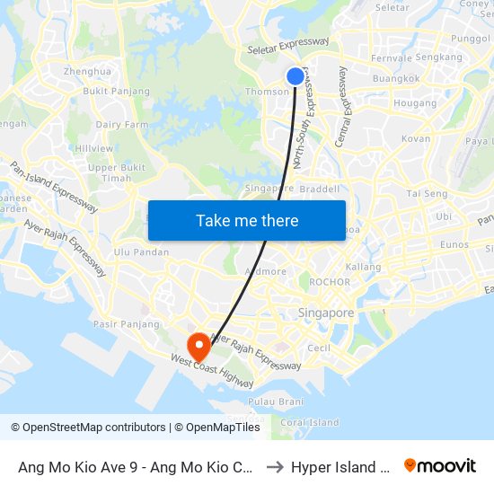Ang Mo Kio Ave 9 - Ang Mo Kio Comm Hosp (55151) to Hyper Island Singapore map