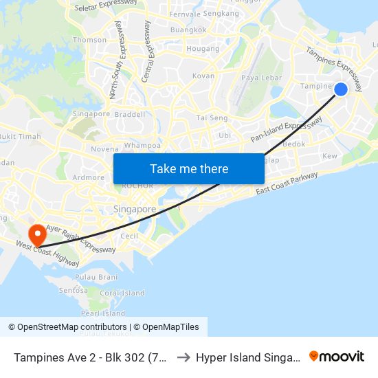 Tampines Ave 2 - Blk 302 (76109) to Hyper Island Singapore map
