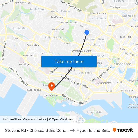 Stevens Rd - Chelsea Gdns Condo (40201) to Hyper Island Singapore map