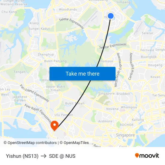 Yishun (NS13) to SDE @ NUS map