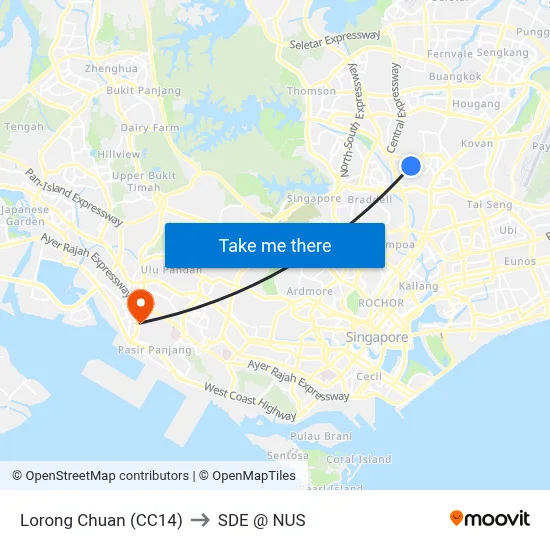 Lorong Chuan (CC14) to SDE @ NUS map