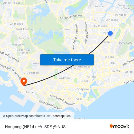 Hougang (NE14) to SDE @ NUS map