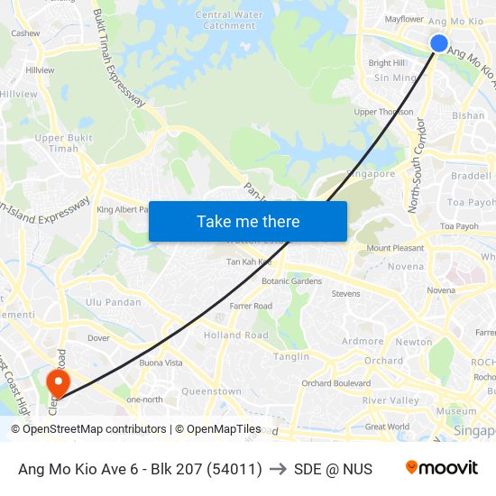 Ang Mo Kio Ave 6 - Blk 207 (54011) to SDE @ NUS map