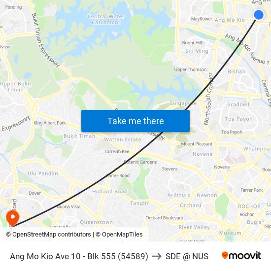 Ang Mo Kio Ave 10 - Blk 555 (54589) to SDE @ NUS map