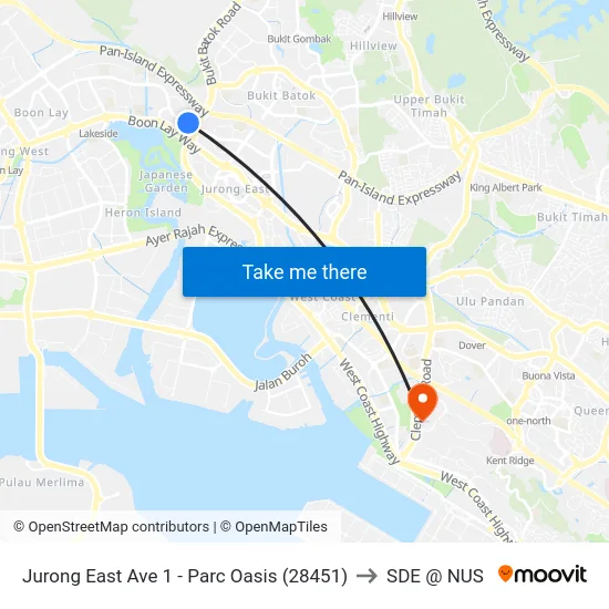 Jurong East Ave 1 - Parc Oasis (28451) to SDE @ NUS map