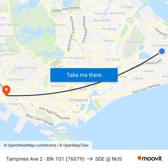 Tampines Ave 2 - Blk 101 (76079) to SDE @ NUS map