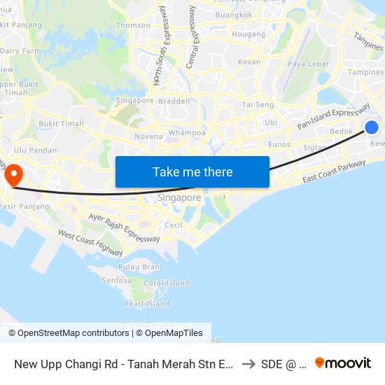 New Upp Changi Rd - Tanah Merah Stn Exit B (85091) to SDE @ NUS map