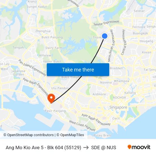 Ang Mo Kio Ave 5 - Blk 604 (55129) to SDE @ NUS map