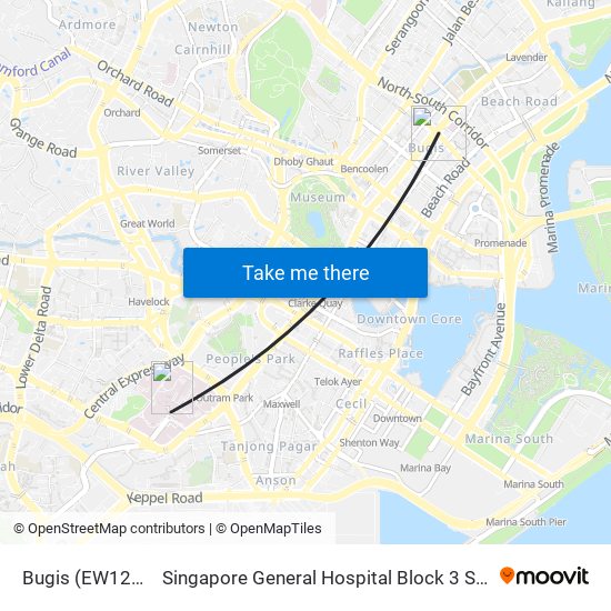 Bugis (EW12|DT14) to Singapore General Hospital Block 3 Specialist Clinics map