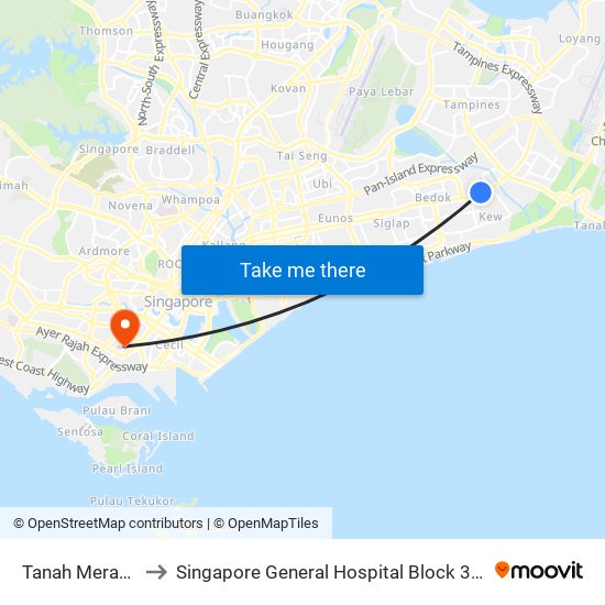 Tanah Merah (EW4) to Singapore General Hospital Block 3 Specialist Clinics map