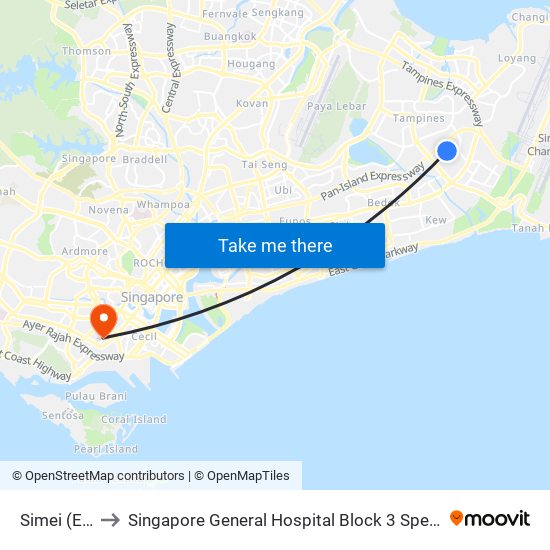 Simei (EW3) to Singapore General Hospital Block 3 Specialist Clinics map