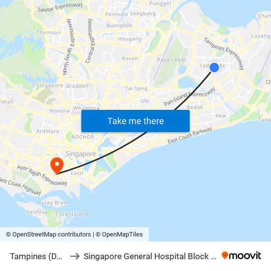 Tampines (DT32|EW2) to Singapore General Hospital Block 3 Specialist Clinics map