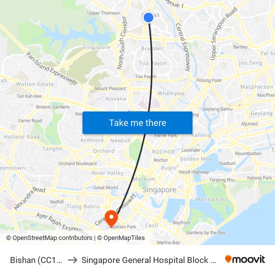 Bishan (CC15|NS17) to Singapore General Hospital Block 3 Specialist Clinics map